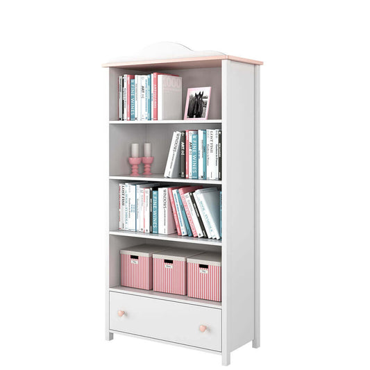 Bibliothèque en bois avec 1 tiroir, pour enfants et jeunes, Luna 02, Blanc / Rose, L85xW42xH171 cm