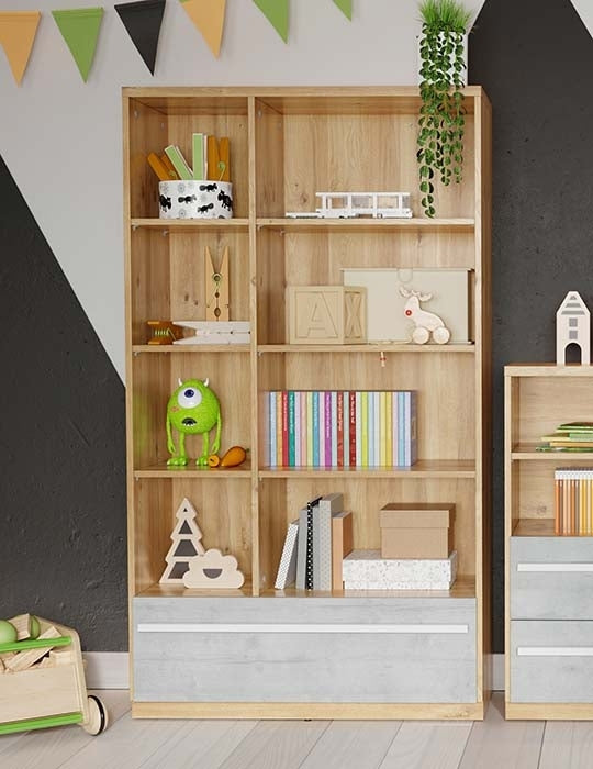 Ensemble de meubles de chambre à coucher en bois, pour enfants, 6 pièces, Plano, Chêne / Gris / Blanc, 200 x 120 cm
