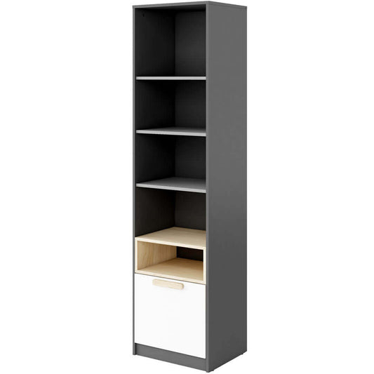 Bibliothèque en bois avec 1 tiroir, pour enfants et adolescents, Pok 04, Gris/Blanc/Graphite, L50xl40xH193 cm