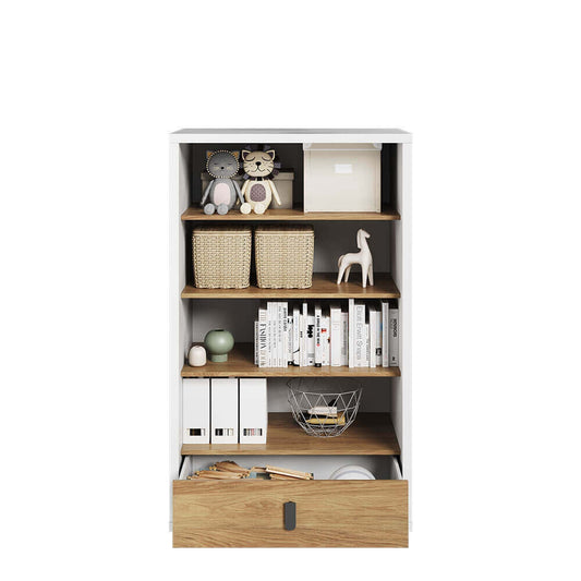 Bibliothèque en bois avec 1 tiroir, pour enfants et jeunes, Simi 10, Naturel / Blanc, L85xW41xH141 cm