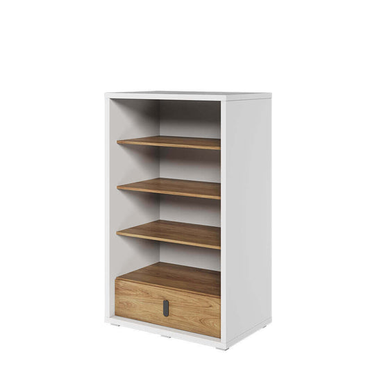 Bibliothèque en bois avec 1 tiroir, pour enfants et jeunes, Simi 10, Naturel / Blanc, L85xW41xH141 cm