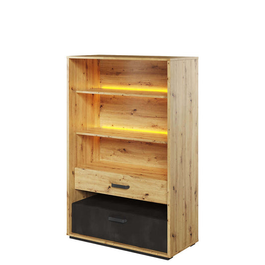 Bibliothèque en bois, avec 2 tiroirs et LED incluses, pour enfants et adolescents, Qubic 06, Chêne Artisan / Noir, L90xW42xH138 cm