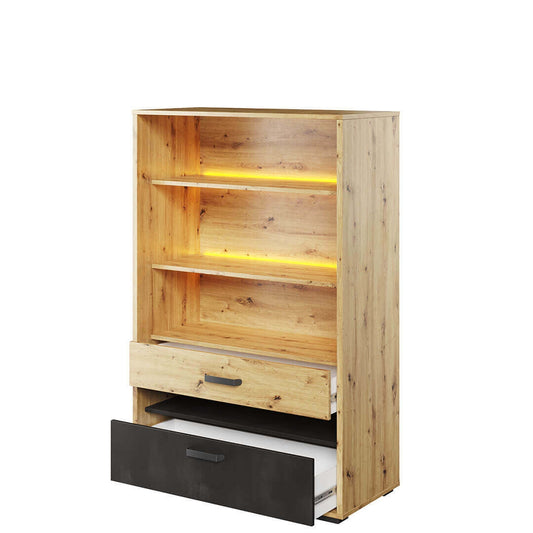 Bibliothèque en bois, avec 2 tiroirs et LED incluses, pour enfants et adolescents, Qubic 06, Chêne Artisan / Noir, L90xW42xH138 cm