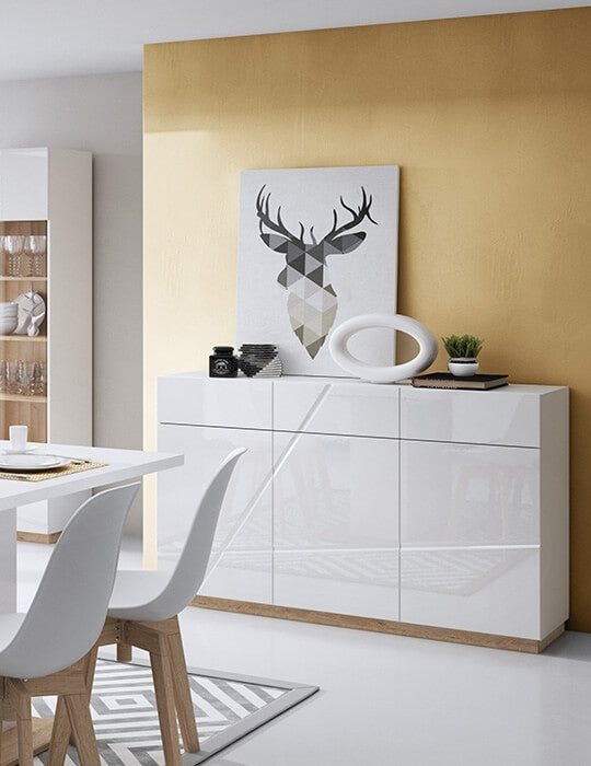Ensemble de salle à manger en bois clair et verre, 4 pièces, Futura, Blanc / Chêne Riviera
