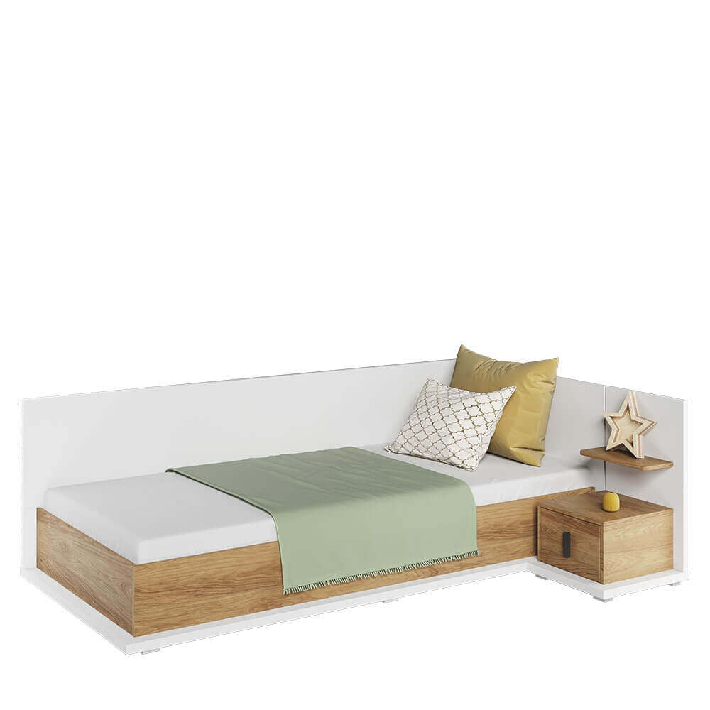 Table de chevet en bois clair avec 1 tiroir et 1 étagère, pour enfants et adolescents, Simi 08 Right, Naturel / Blanc, L43xW45xH70 cm