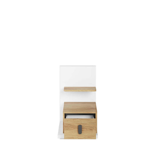 Table de chevet en bois clair avec 1 tiroir et 1 étagère, pour enfants et jeunes, Simi 08 Left, Naturel / Blanc, L43xW45xH70 cm