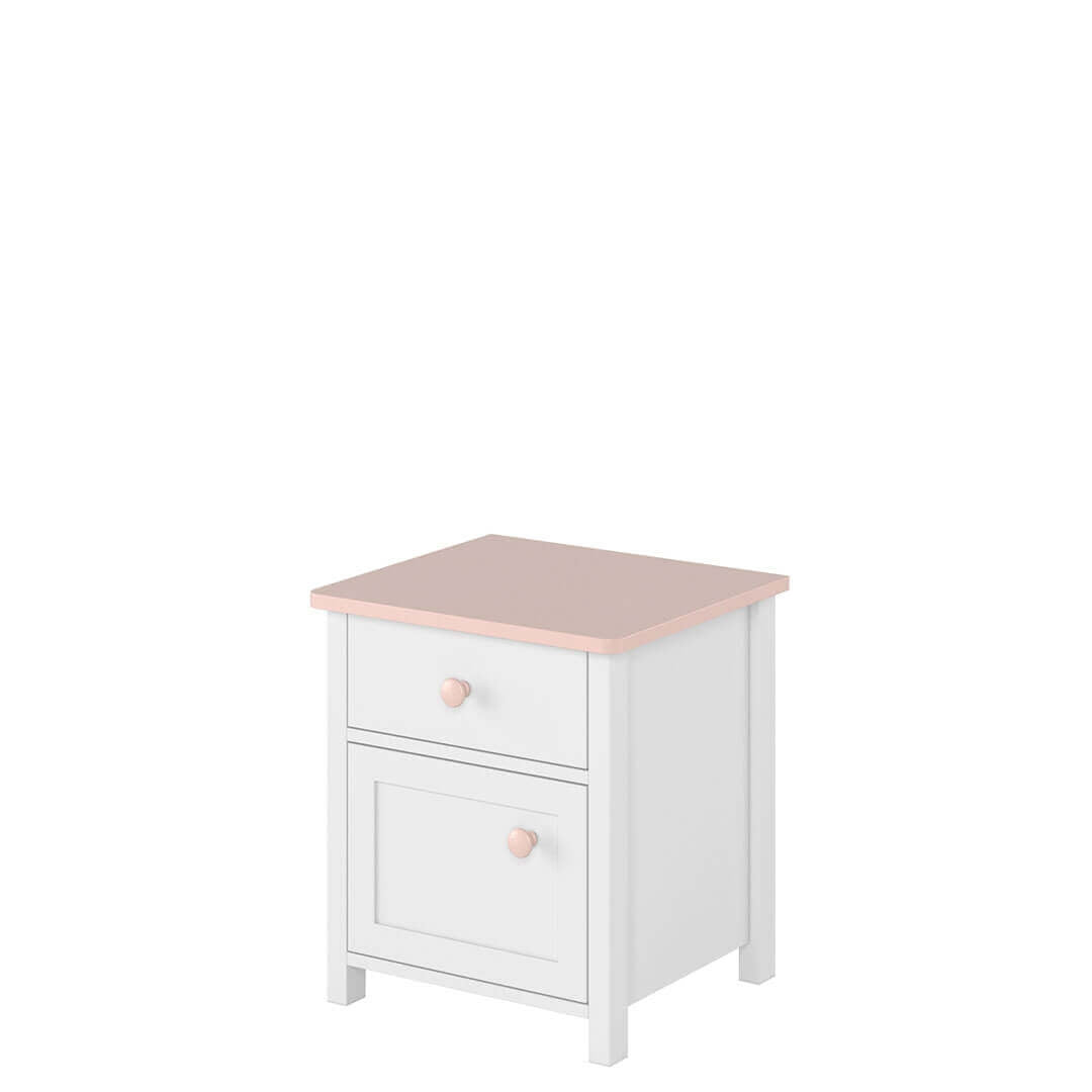 Table de chevet en bois clair, avec 1 porte et 1 tiroir, pour enfants et adolescents, Luna 07, Blanc/Rose, L45xl42xH51 cm