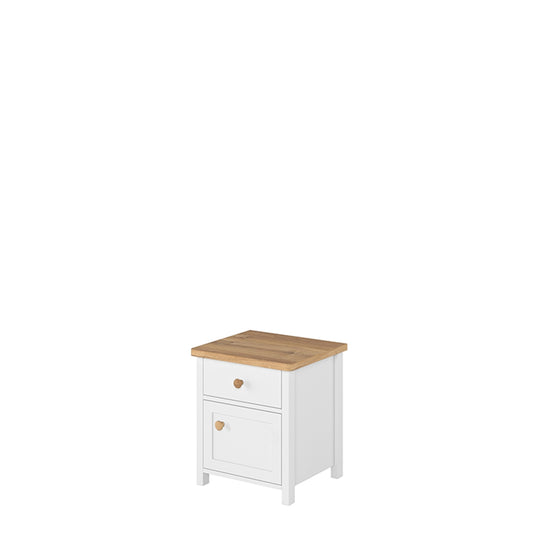 Table de chevet en bois clair, avec 1 porte et 1 tiroir, pour enfants et adolescents, Story 07, Blanc/Chêne, L45xl42xH51 cm