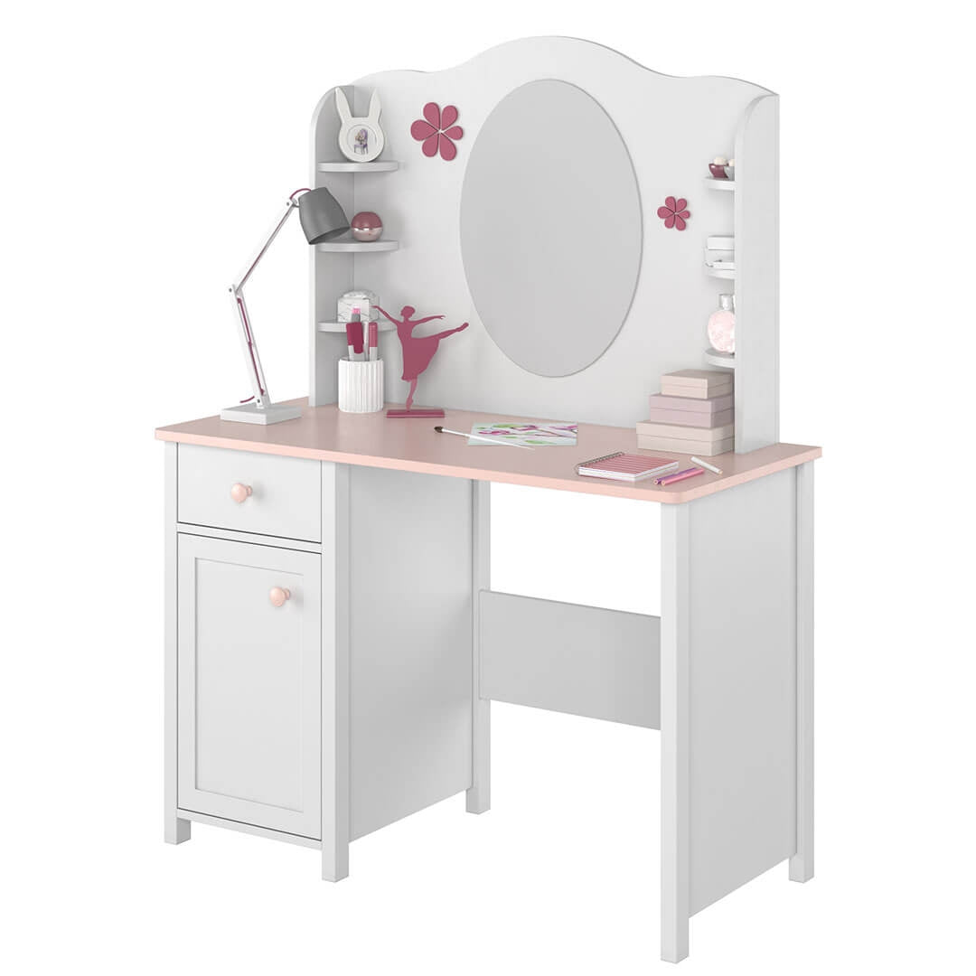 Miroir décoratif avec étagères en bois clair, pour enfants et jeunes, Luna 06, Blanc/Rose, L94xW14xH81 cm