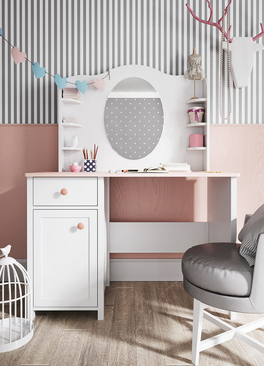Miroir décoratif avec étagères en bois clair, pour enfants et jeunes, Luna 06, Blanc/Rose, L94xW14xH81 cm