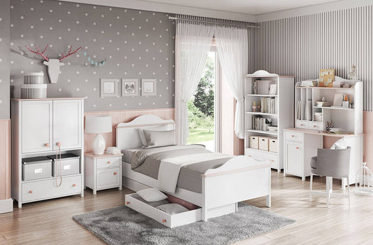 Ensemble de meubles de chambre à coucher en bois, pour enfants, 8 pièces, Luna, Blanc / Rose, 200 x 90 cm