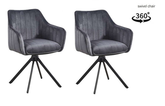 Lot de 2 chaises pivotantes recouvertes de tissu et pieds en métal, Alex, Velours Gris/Noir, L45xL59xH86 cm