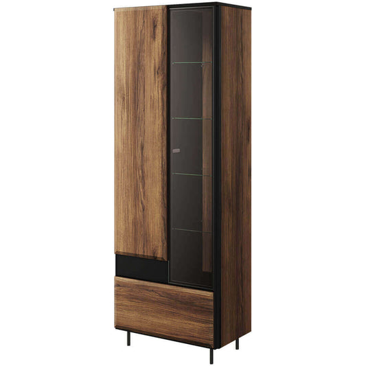 Vitrine en bois, avec 2 portes et 1 tiroir, Borga 02 Small, Chêne Catane / Noir, L70xW41xH197 cm
