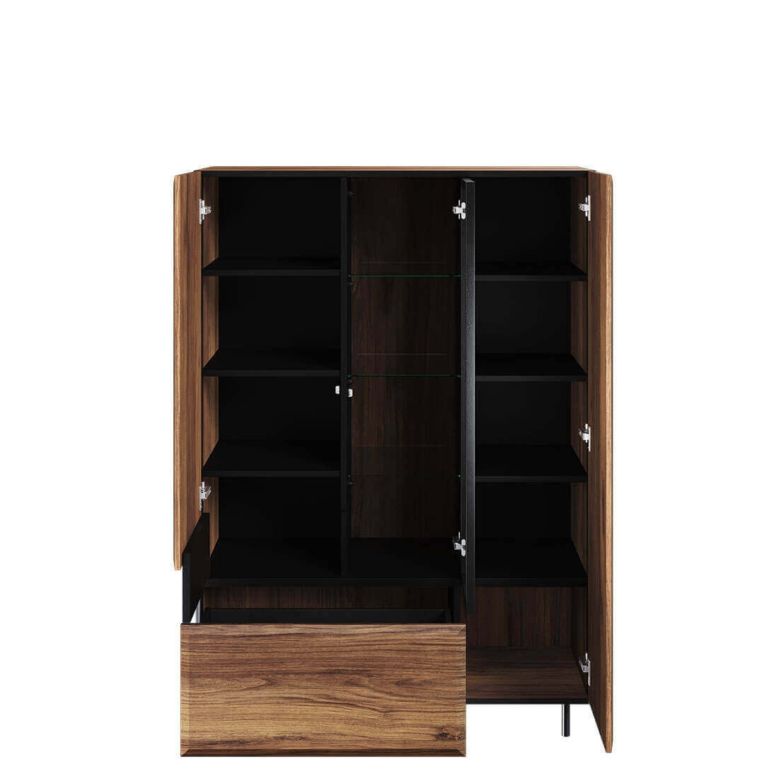Vitrine en bois, avec 3 portes et 1 tiroir, Borga 05 Large, Chêne Catane / Noir, L100xW41xH143 cm