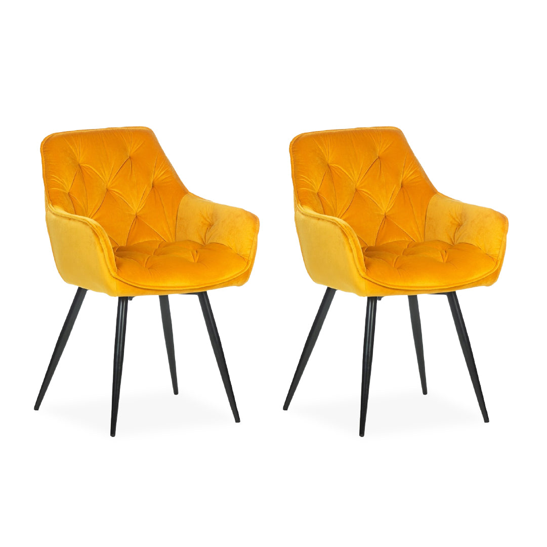 Lot de 2 chaises de salle à manger en velours, Chaise capitonnée tissu et pieds métal Cherry 2 Velours Jaune / Noir, l57xP59xH86 cm