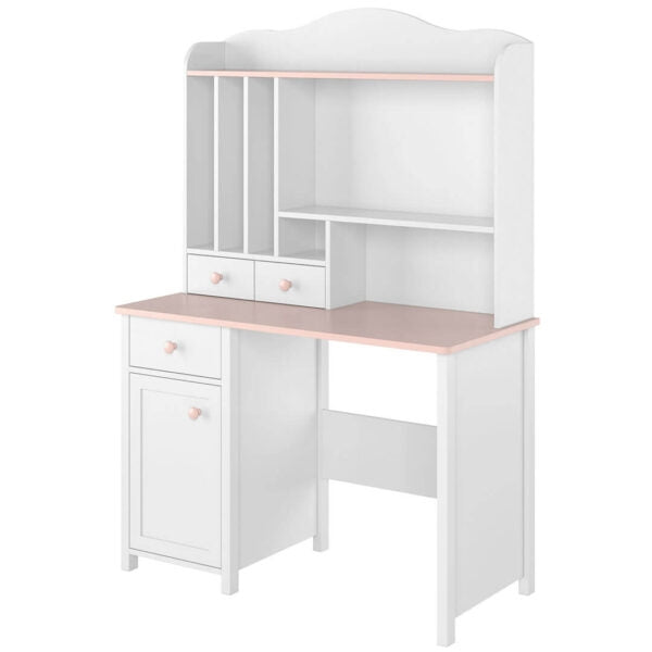 Table de bureau en bois, avec 1 tiroir et 1 porte, pour enfants et jeunes, Luna 03, Blanc/Rose, L110x52xH76 cm