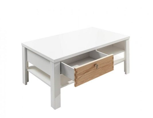 Table basse avec 2 tiroirs, en bois et MDF Selina Blanc / Naturel, L110xl65xH45 cm