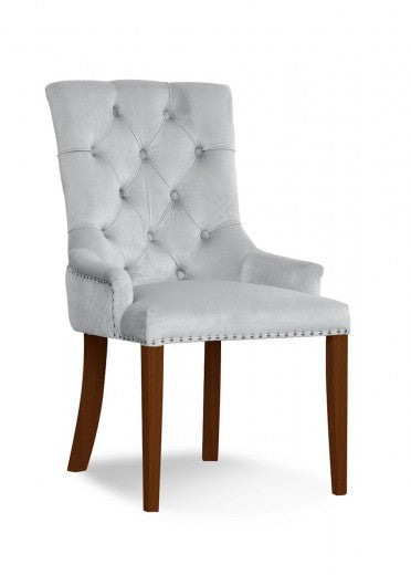 Chaise rembourrée avec tissu et pieds en bois August Velvet d'argent / Noyer, l59xA70xH96 cm