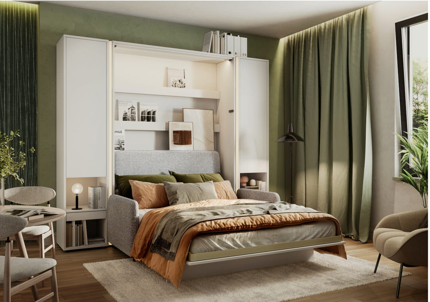 Ensemble Canapé Fixe, BC18/ BC19 Gris Clair + Lit escamotable au mur avec tête de lit rembourrée Bed Concept Vertical, Blanc Mat