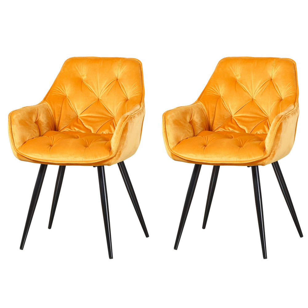 Lot de 2 chaises de salle à manger en velours, Chaise capitonnée tissu et pieds métal Cherry 2 Velours Jaune / Noir, l57xP59xH86 cm