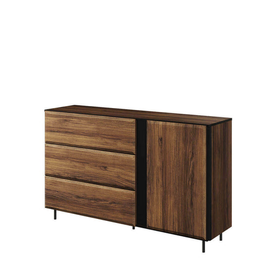 Commode en bois, avec 1 porte et 3 tiroirs, Borga 07, Chêne Catane / Noir, L150xW41xH91 cm