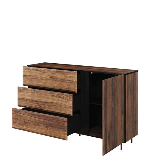 Commode en bois, avec 1 porte et 3 tiroirs, Borga 07, Chêne Catane / Noir, L150xW41xH91 cm