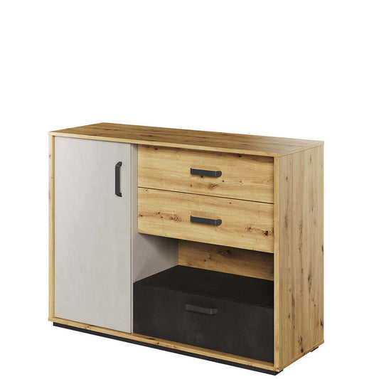 Commode en bois clair, avec 1 porte et 3 tiroirs, pour enfants et jeunes, Qubic 07, Chêne Artisan / Noir / Gris, L120xW42xH90 cm