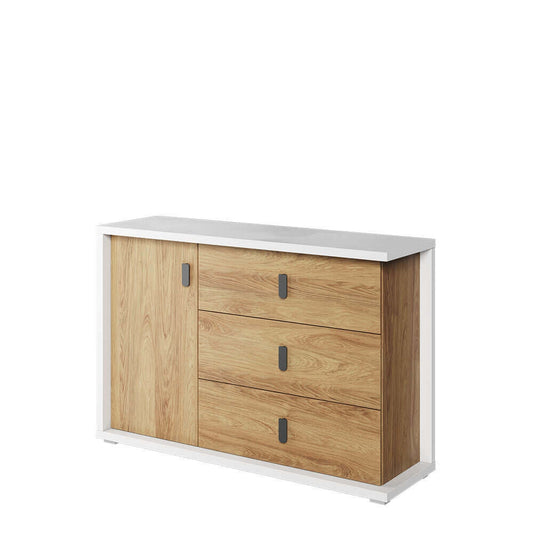 Commode en bois avec 1 porte et 3 tiroirs, pour enfants et jeunes, Simi 05, Naturel / Blanc, L135xW41xH90 cm