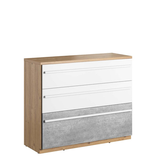 Commode en bois, avec 3 tiroirs, pour enfants et jeunes, Plano 07, Chêne / Gris / Blanc, L110xW41xH88 cm