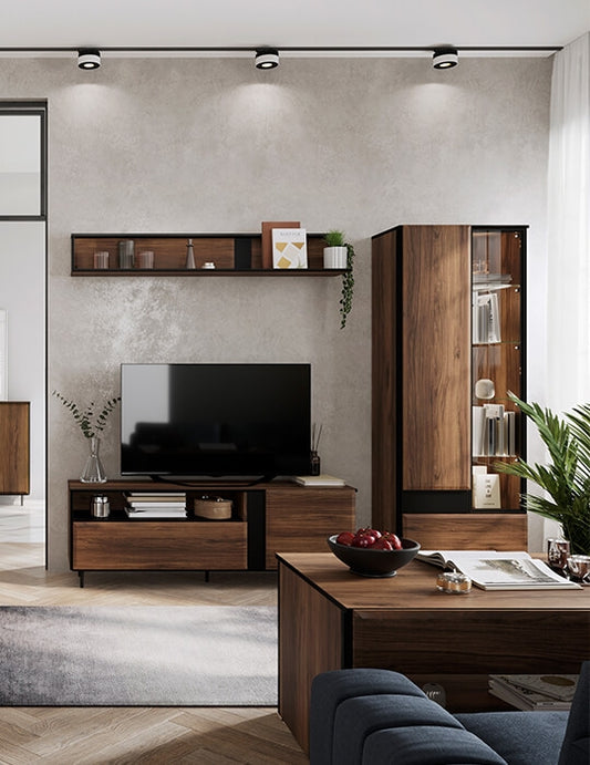 Commode TV en bois, avec 1 porte et 1 tiroir, Borga 03, Chêne Catane / Noir, L155xW41xH55 cm