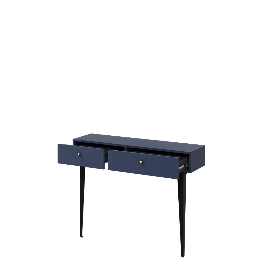 Console en bois clair avec 2 tiroirs, Coloris CS 07, Bleu Marine mat / Noir, L105xl30xH80 cm