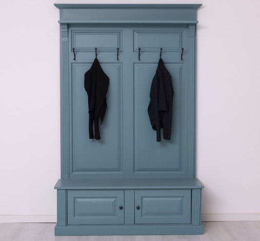 Cintre et étagère, en bois de sapin, avec 2 portes, Pasy PS366 peint, L140XA41XH210 cm-grain bleu