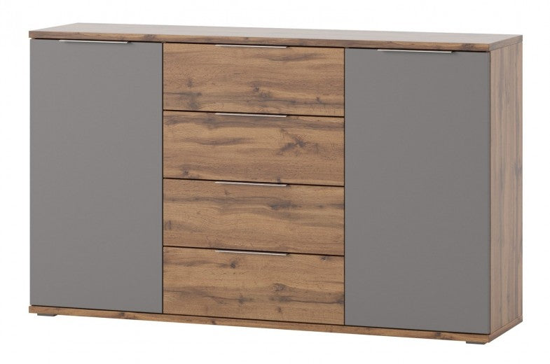 Commode 4 tiroirs et 2 portes Livorno 45 Chêne / Gris, l150xA38xH90 cm