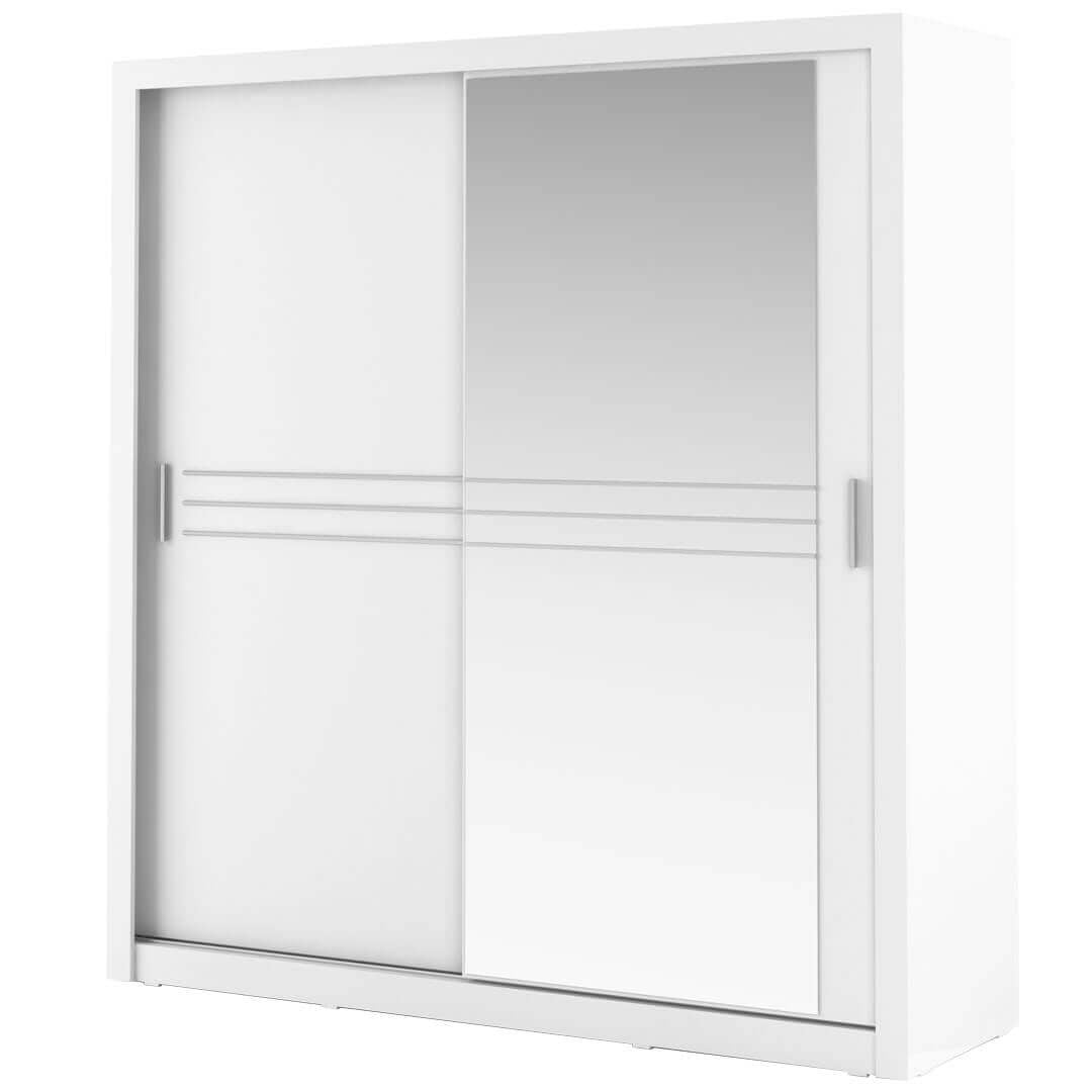 Armoire en bois clair avec 2 portes coulissantes et miroir Idea 12, Blanc Mat, L203xP60xH215 cm