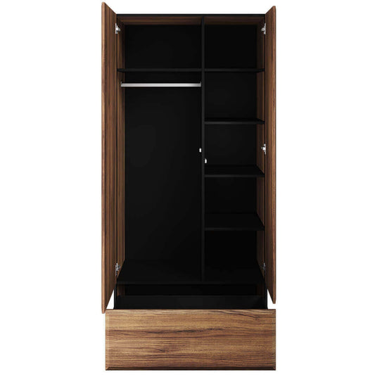 Armoire en bois, avec 2 portes et 1 tiroir, Borga 01, Chêne Catane / Noir, L90xW51xH197 cm