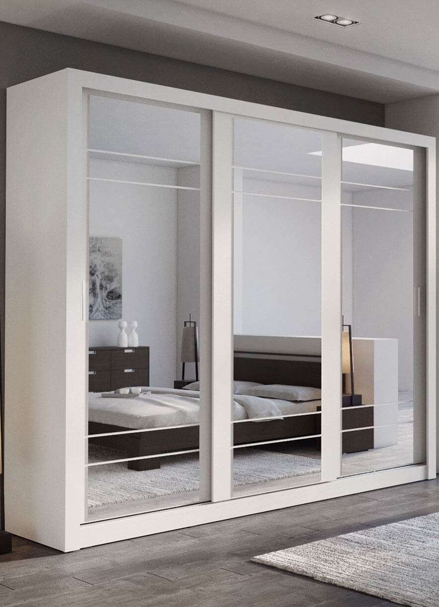 Armoire en bois clair avec 3 portes coulissantes et miroir Arti 02 Triple, Blanc Mat, L250xP60xH215 cm