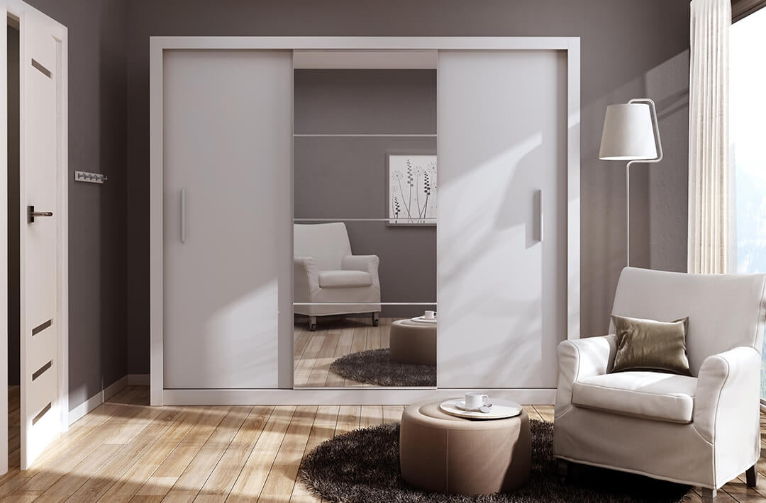 Armoire en bois clair avec 3 portes coulissantes et miroir Idea 01, Blanc mat, L250xP60xH215 cm