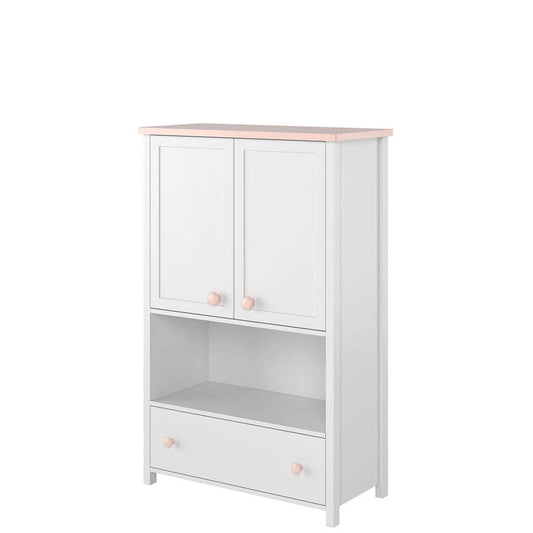 Petite armoire en bois, avec 2 portes et 1 tiroir pour enfants et adolescents, Luna 11 Blanc/Rose, l85xL42xH131 cm