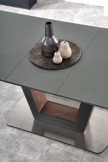 Table extensible en verre et MDF Bilotti Anthracite / Noyer, L160-200xl90xH76 cm