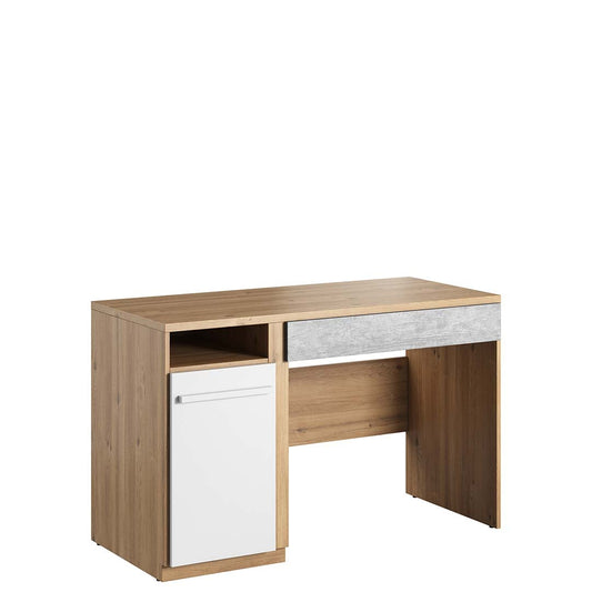 Table de bureau en bois, avec 1 tiroir et 1 porte, pour enfants et jeunes, Plano 06, Chêne/Gris/Blanc, L120x55xH76 cm