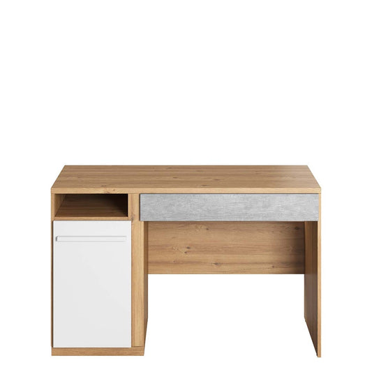 Table de bureau en bois, avec 1 tiroir et 1 porte, pour enfants et jeunes, Plano 06, Chêne/Gris/Blanc, L120x55xH76 cm