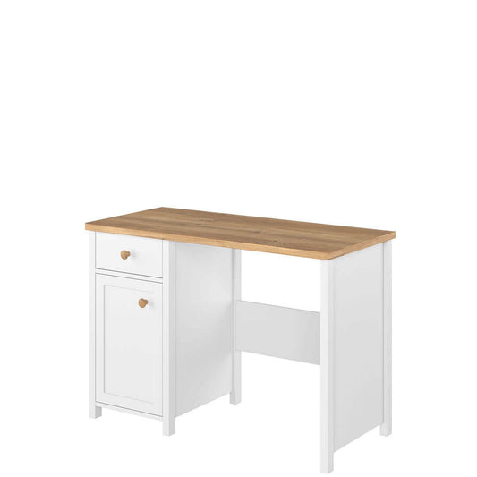 Table de bureau en bois, avec 1 tiroir et 1 porte, pour enfants et jeunes, Story 03, Blanc/Chêne, L110x52xH76 cm