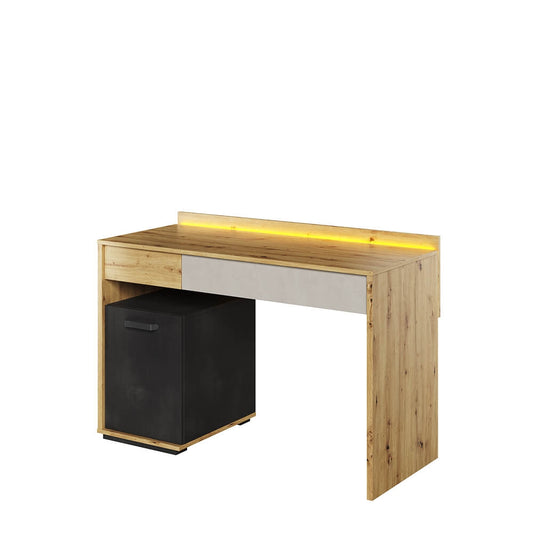 Table de bureau pâle, avec 1 porte, 2 tiroirs et LED incluses, pour enfants et jeunes, Qubic 08, Artisan Chêne/Noir/Gris, L120x53xH82 cm