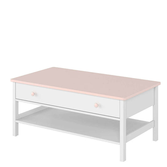 Table basse en bois, avec 1 tiroir, pour enfants et adolescents, Luna 15 Blanc / Rose, L110x60xH47 cm