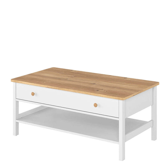 Table basse en bois, avec 1 tiroir, pour enfants et jeunes Story 15, Blanc/Chêne, L110x60xH48 cm