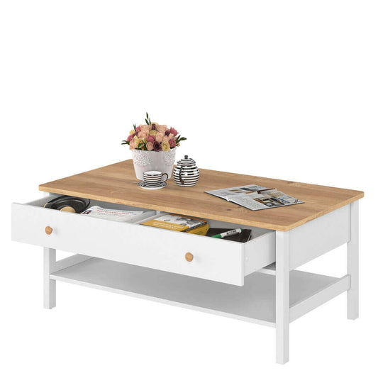 Table basse en bois, avec 1 tiroir, pour enfants et jeunes Story 15, Blanc/Chêne, L110x60xH48 cm