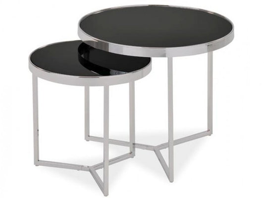 Set de 2 tables basses en verre et métal Delia II Noir / Chrome, Ø60xH52 cm / Ø45xH45 cm