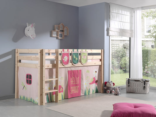 Lit de plancher en bois d'épingle, avec espace de jeu pour enfants plus printemps naturel, 200 x 90 cm