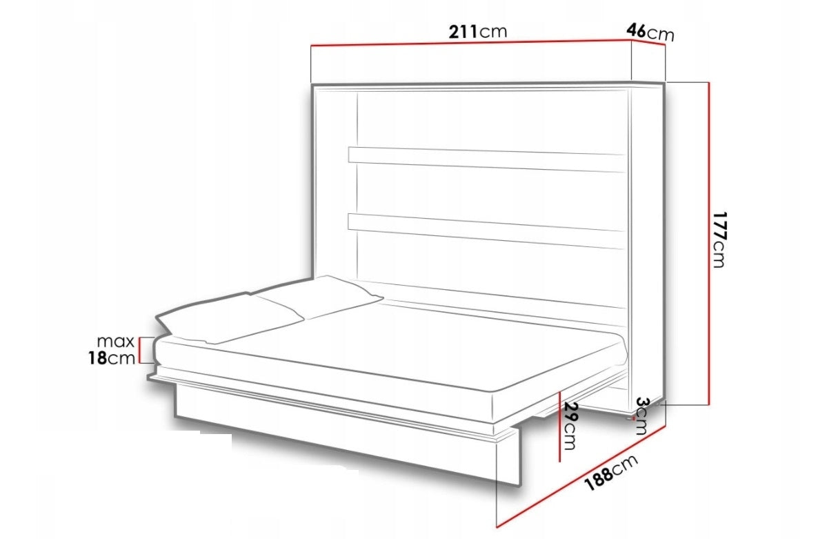 Lit Escamotable au mur, avec mécanisme pneumatique et cadre de lit inclus, Bed Concept Horizontal, Blanc Brillant
