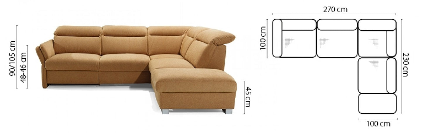 Canapé d'angle fixe avec mécanisme Relax, avec bain de soleil à gauche, recouvert de tissu, Reno Moutarde, l270xA230xH90 cm